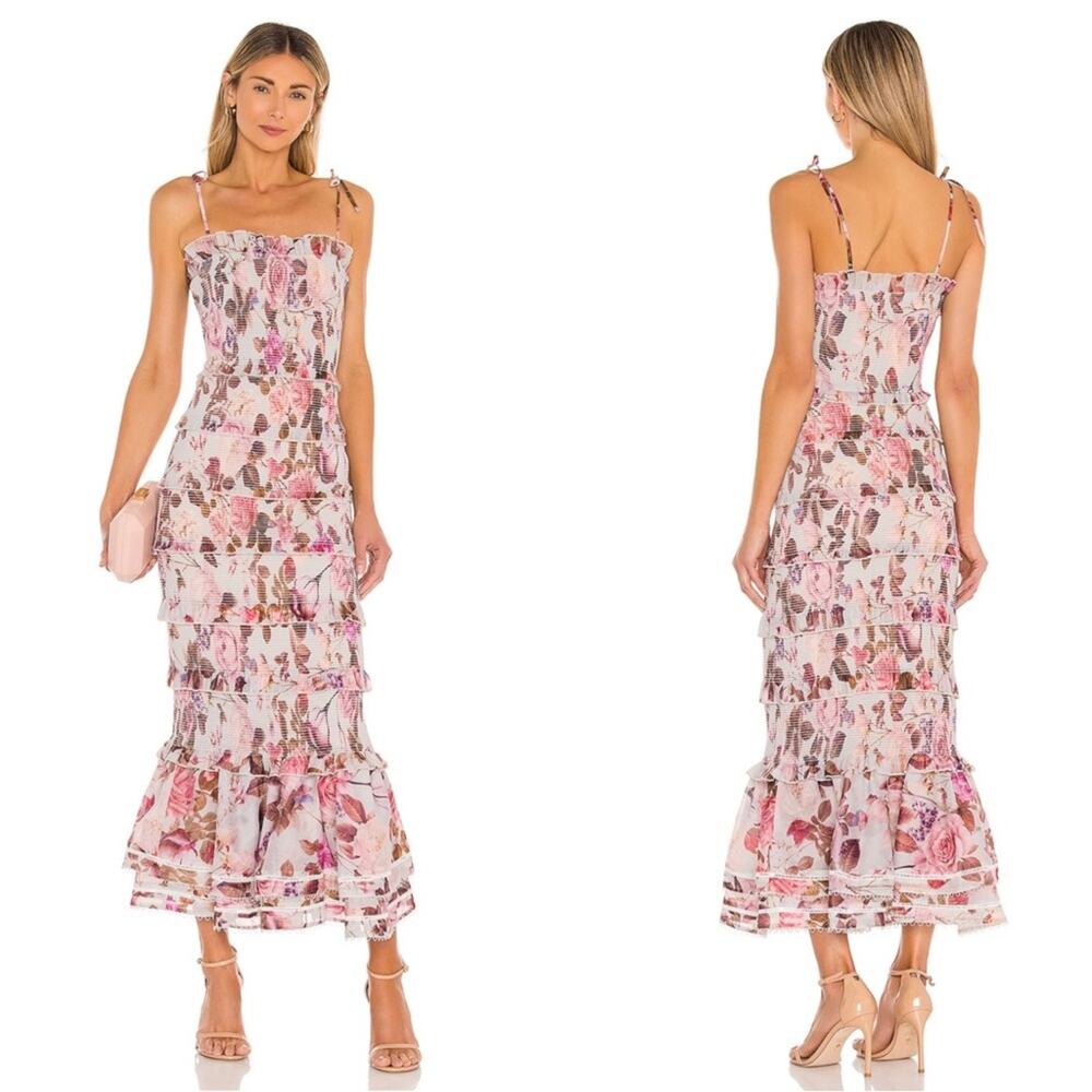 V. CHAPMAN Geranium Smocked Tiered Floral Ruffle Midi Dress in Garden Rose Sz 10